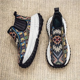 Men'S All-Season Hiking Shoes - Slip-On/Lace-Up Closure, Breathable Fabric Upper & Non-Slip PVC Outsole, Mid-Calf Support for Outdoor, Gym, Everyday - Beige/Blue/Black/Red/White/ - Durable Trekking Shoes for Men, Outdoor Footwear, Geometric Pattern, Secure Fit, Versatile Footwear, Active Lifestyle, Shoe For Men High Quality