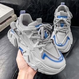 Men'S Breathable Mesh Sneakers with Thick Cushioned Sole - Lightweight Low-Top Lace-Up Shoes for Casual, Running & Outdoor Activities - All-Season Comfort, & Accents, Synthetic Synthetic Faux Upper, Round Toe Design, Hiking Footwear