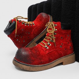 Vintage-Inspired • Distressed Red Chunky Platform Boots • Unisex Lace-Up Ankle Boots with Thick Rubber Sole & Fabric Upper • All-Season Casual & Party Wear