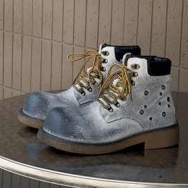 Vintage-Inspired • Distressed Red Chunky Platform Boots • Unisex Lace-Up Ankle Boots with Thick Rubber Sole & Fabric Upper • All-Season Casual & Party Wear