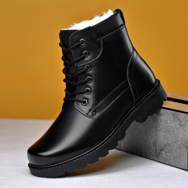 Men's Solid Color Lace-Up Short Boots, Microfiber Synthetic Upper, Fabric Inner & Insole, Rubber Sole, with Non-Slip Walking Shoes