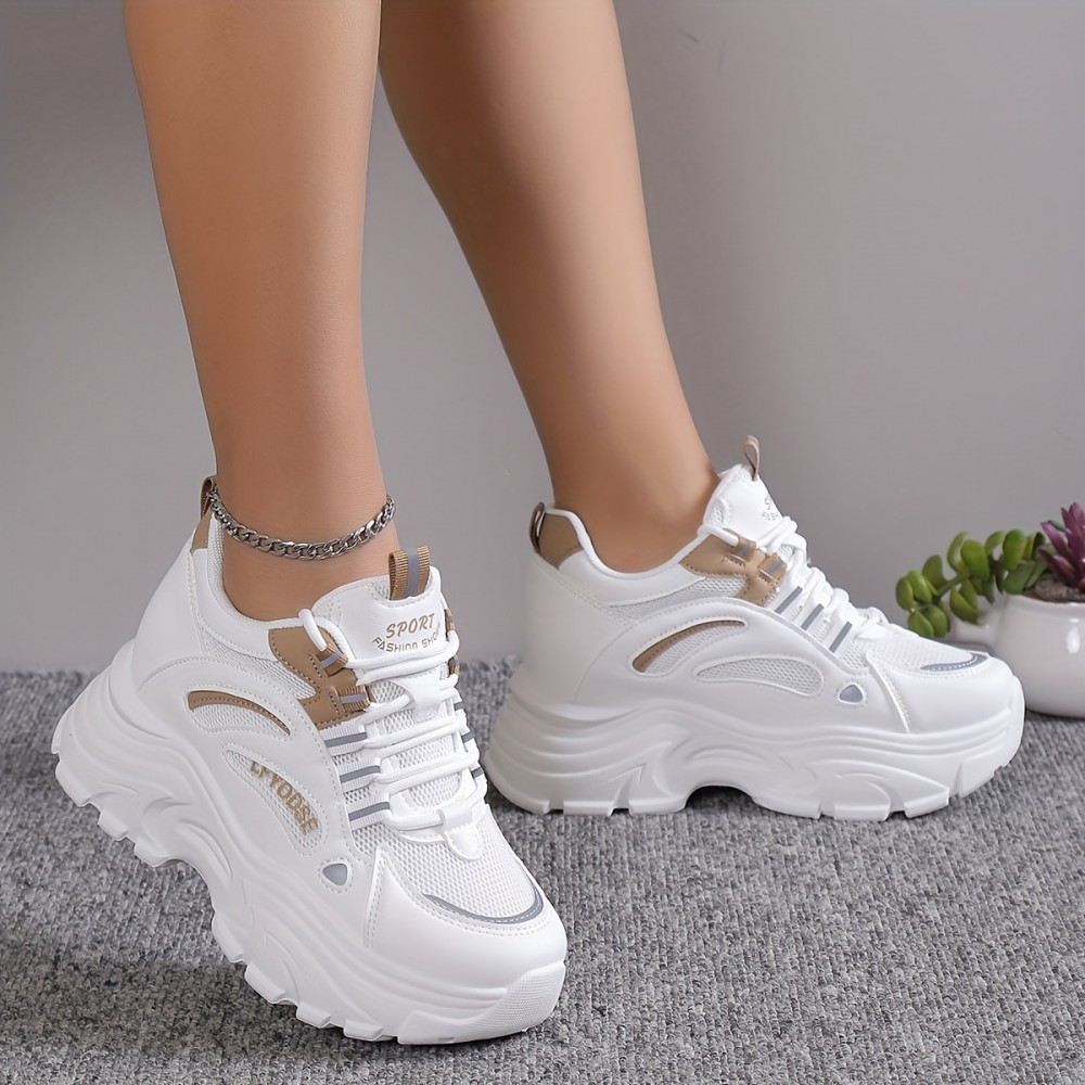 Women's Solid Color Mesh Sneakers, Lace Up Low-top Round Toe Heightening Thick Sole Trainers, Versatile Comfy Shoes